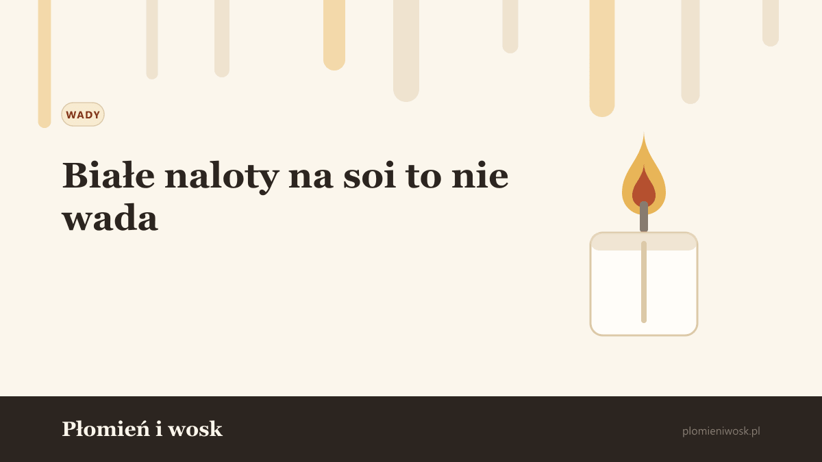 Powierzchnia świecy sojowej pokryta drobnymi białymi kryształkami, matowy nalot na kremowym wosku