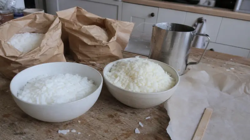 Dwie miski z płatkami wosku na starym drewnianym stole, za nimi papierowe torby z woskiem i stalowy dzbanek, obok papier do pieczenia i drewniana szpatułka